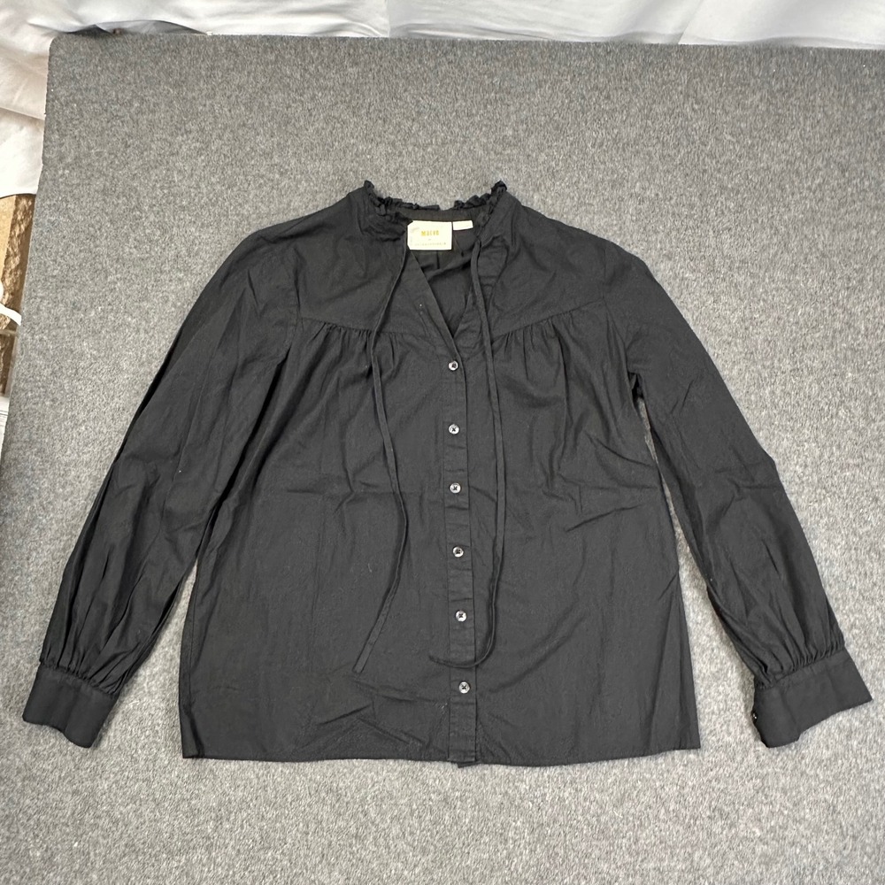 Maeve Anthropologie Black Ruffle Neck Button Front Cotton Blouse Medium